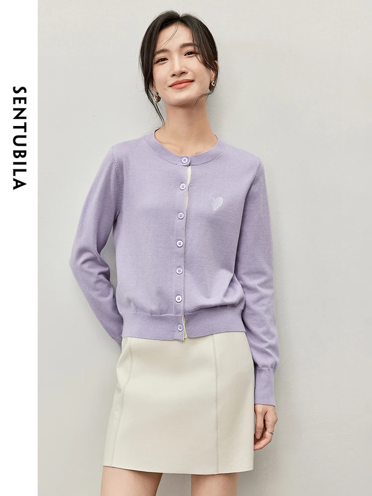 

SENTUBILA Wool Knitted Cardigan Women 2025 Autumn Casual Straight Round Neck Long Sleeve Simple Women Clothing W43H57222