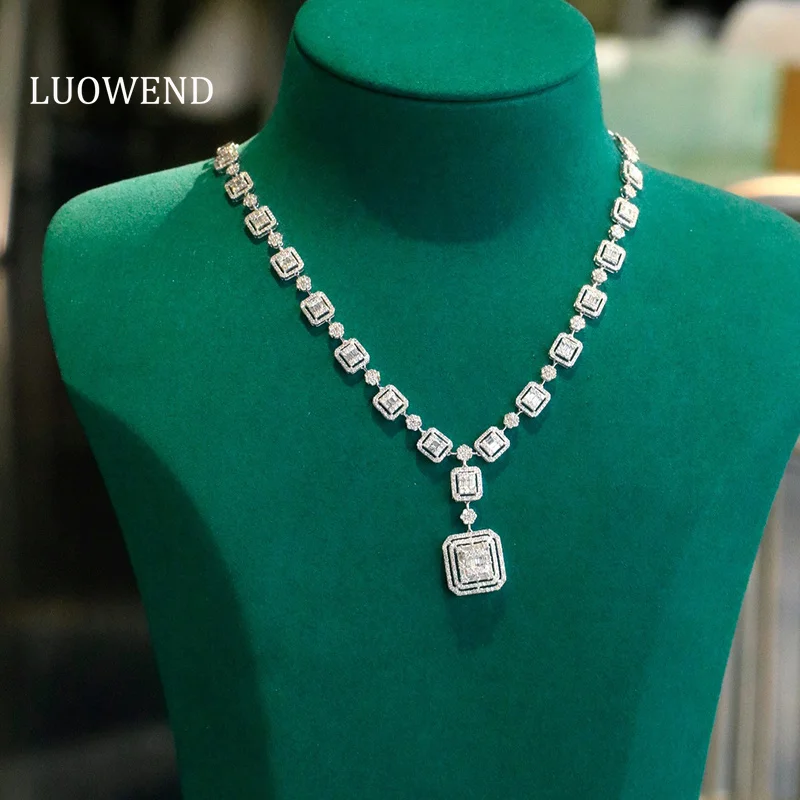 LUOWEND 100% 18K White Gold Necklace Luxury Fashion Design 5.0carat Real Natural Diamond Necklace for Women High Party Jewelry