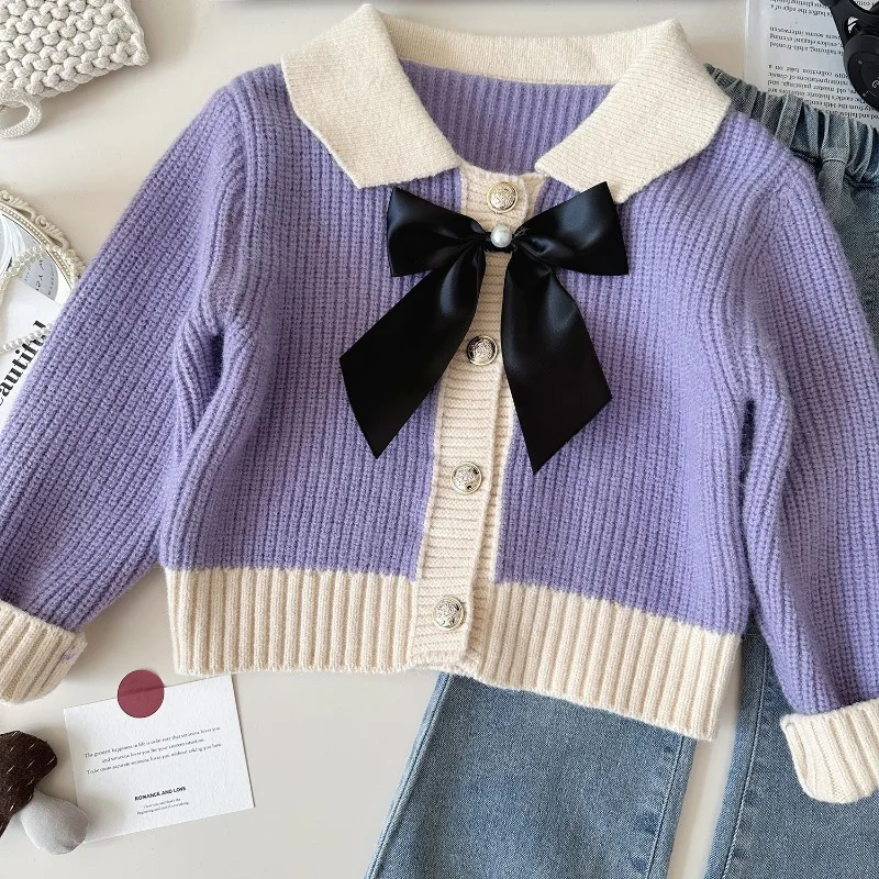 Girls Suits Autumn Winter Knitted Sweaters Cardigan Tops+Kids Jeans Children Casual Outerwear Fall Baby Girl Denim Pants 2-8Yrs