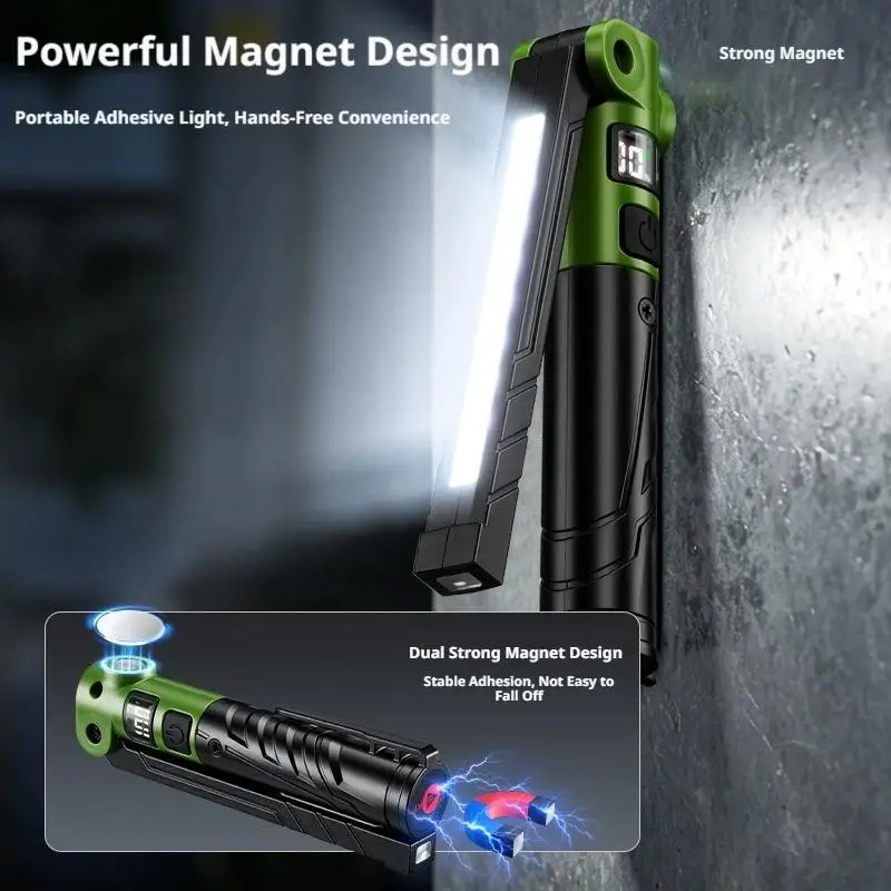 Folding LED Work Light Digital Display USB Rechargeable Portable Flashlight Magnetic Base Hook Car Repair Emergency Work Light