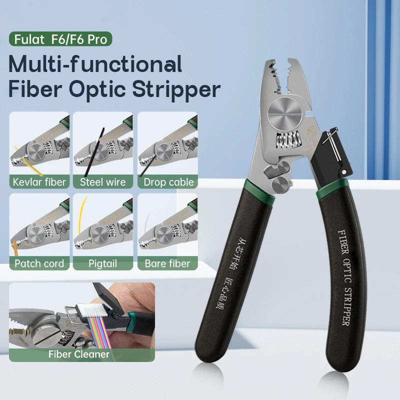 Fulat F6 Multifunctional Stainless Steel Miller Pliers with Six Ports for Fiber Optic Stripping, Fiber Cable, Steel Wire, Kevlar Fiber, Bare Fiber Stripping, and Fiber Cleaning Tool