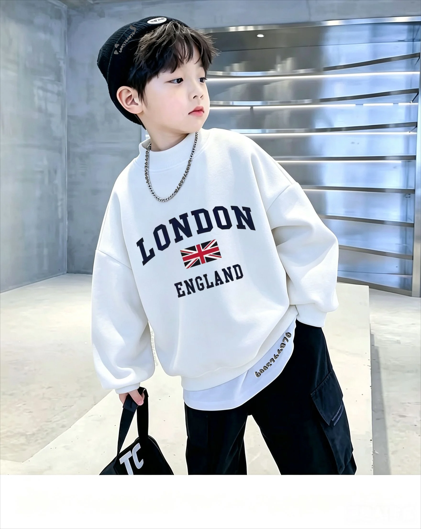 Children's thick fleece pullover with round neck, featuring London letter print, a casual and soft warm top with a hood.