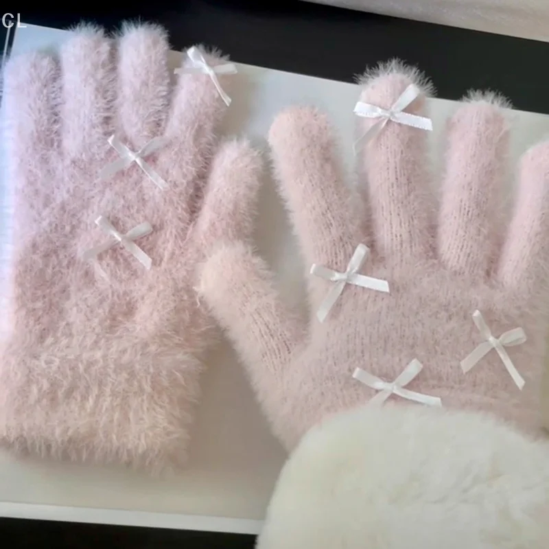 قفازات شتوية ساحرة بلون سادة للنساء؛ قفازات لطيفة على شكل فيونكة للفتيات #2