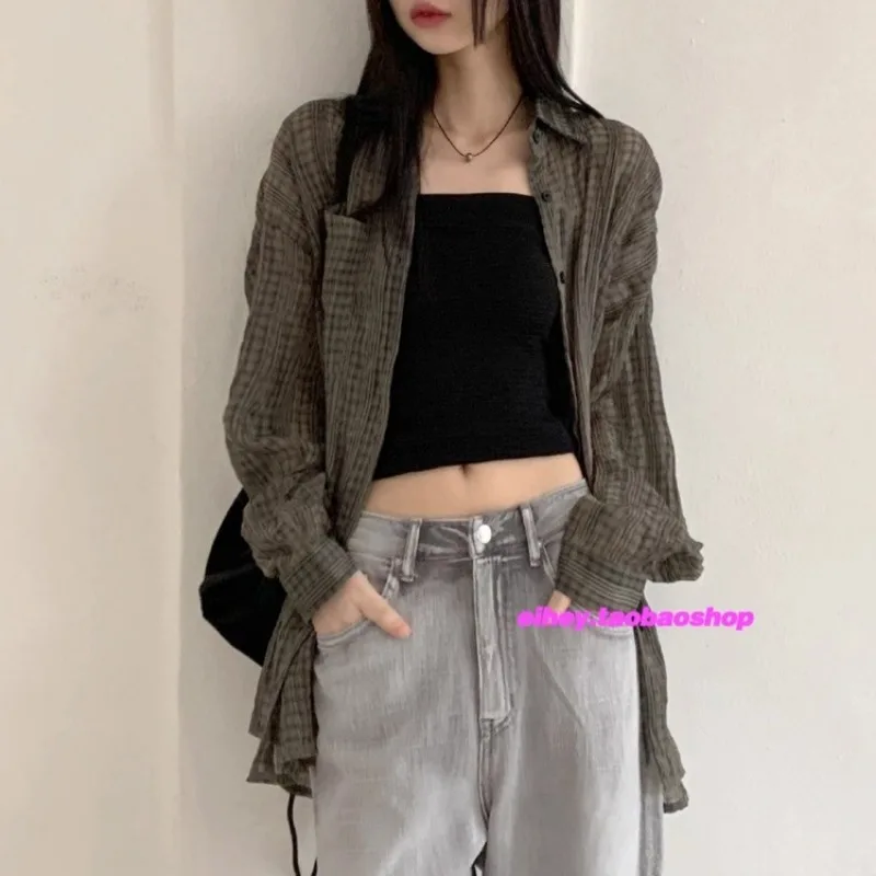 Polo Collar Pleated Loose Sunscreen Long-sleeved Shirt Women 2025 Summer New Korean Contrast Color Plaid Casual Blouse