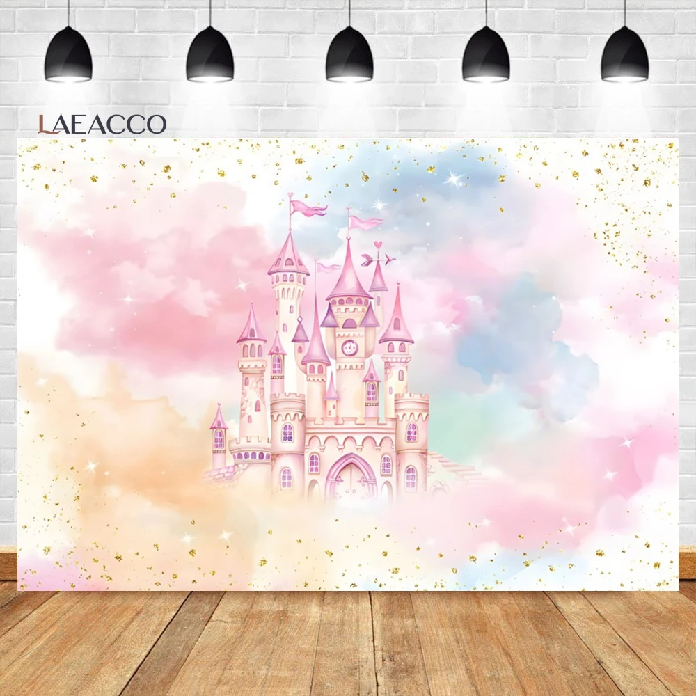 Laeacco Princess Castle Birthday Backdrop Watercolor Pastel Rainbow Gold Glitter Dots Girls Baby Portrait Photography Background