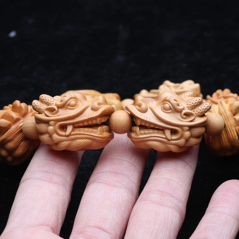 Natural Yellow Wooden bracelet Men\'s large size 20mmx29mm elastic bracelet Wood beads dragon God beast Lucky sculpture