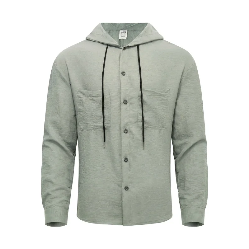 Men's Spring Autumn Long Sleeve Shirt with Hood Breathable Ice Sensation Folded Fabric Color Block Drawstring Hood Double Pocket