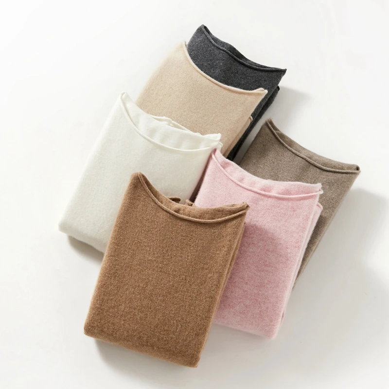 Autumn/Winter Women's 100% Pure Cashmere Pullover Casual Solid Knitted Sweater Loose Curled Edge One Word Neck Tops Warm Jumper