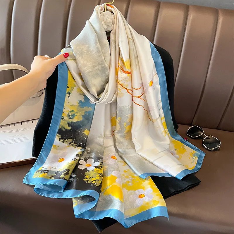 

Luxury Brand Sunscreen Silk Scarves Women 180X90CM Beach Stoles Fashion Print Satin Finish Scarf Four Seasons Soft Long Shawls