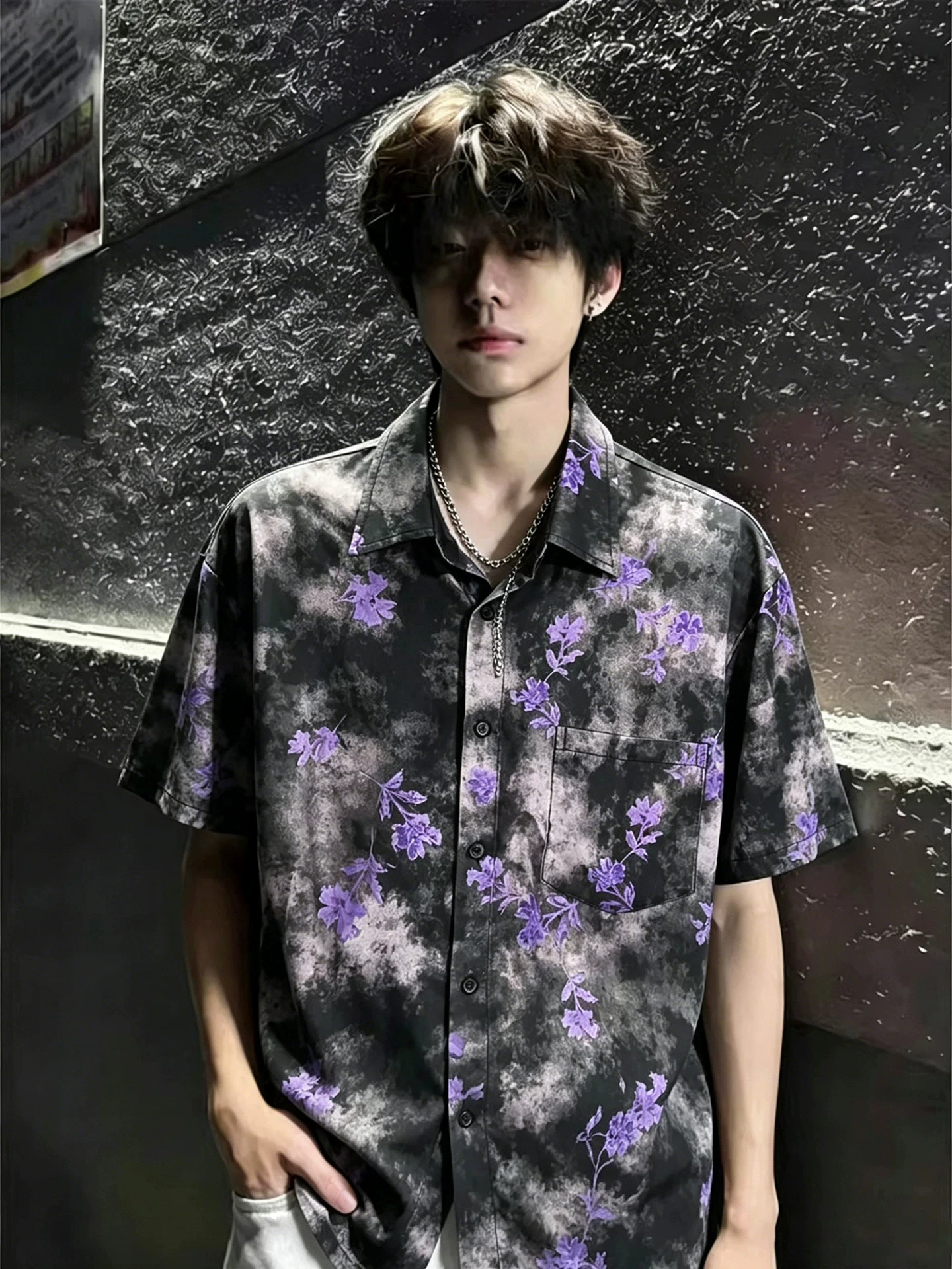 American Dyed Ice Silk Flower Men's Shirt Short Sleeve Baroque Beach Five-Quarter Sleeve Drapey Shoulder Fit Summer Shirt