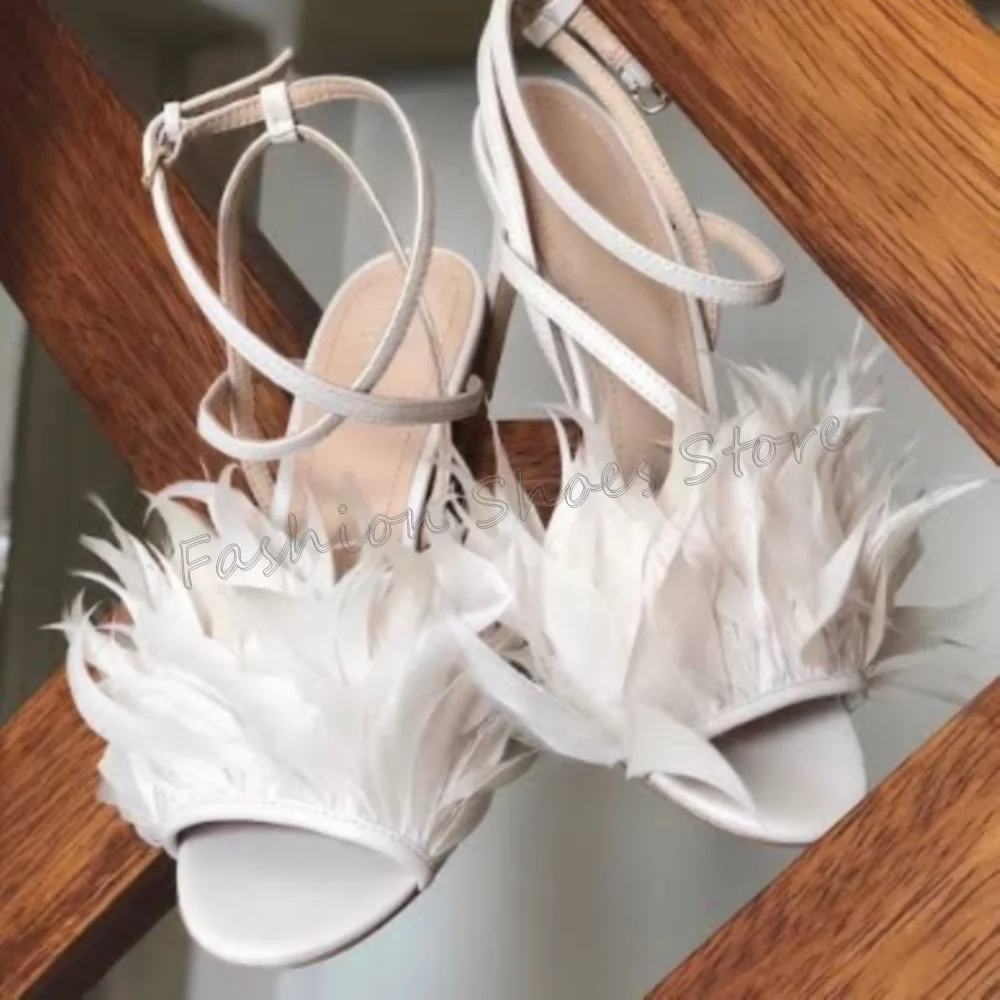 

White Cross Strap Feather Decor Sandals Open Toe Women Shoes Stilettos High Heels Party Banquet Dating 2025 Zapatos Para Mujere