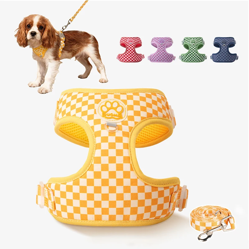 

Винтажный комплект шлейки и поводка для собак в клетку: комфортный, дышащий, регулируемый жилет-шлейка без удушения для маленьких и средних собак (Pechera Para Perro)
