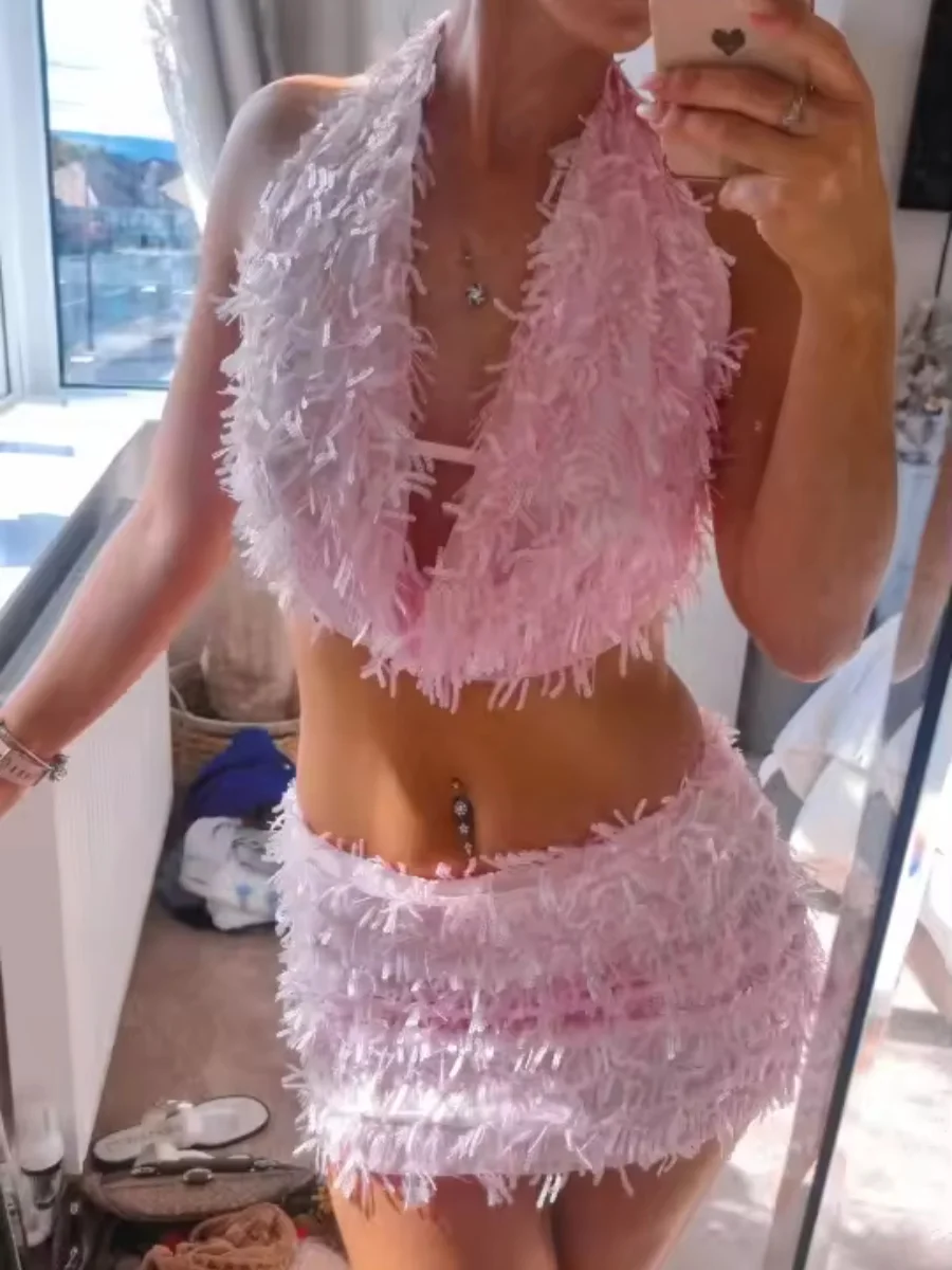 

Women Sexy Sequin Tassels 2 Piece Set Summer Swing Collar Tank Tops+Peach Hip Skits Midnight Birthday Party Clubwear