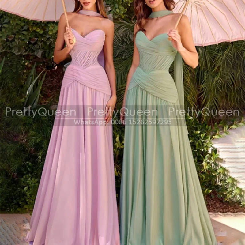 

A Line Long Bridesmaid Dresses With Scraf Sweetheart Strapless Customized Flowey Chiffon Wedding Party Dress