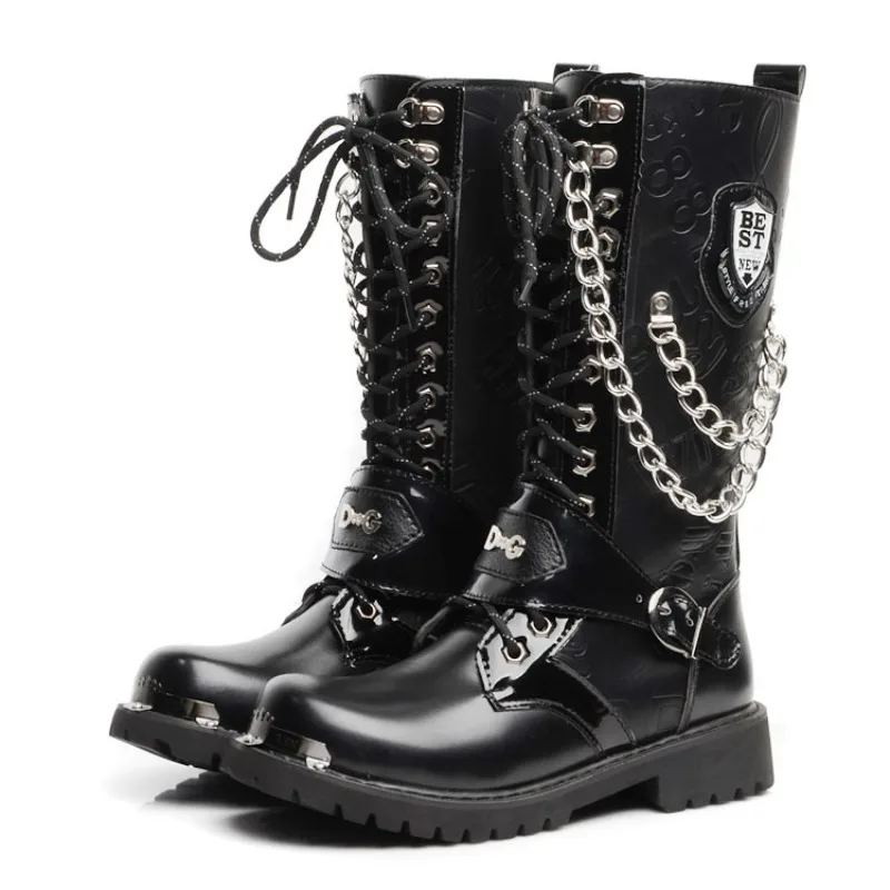 Winter Men's Long Leather Boots British Style Height-increasing Waterproof Western Boots Fashion Buckle Zip Design Men High Boot