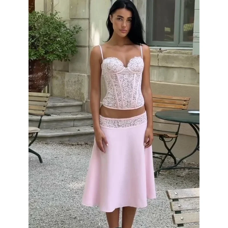 

2026 Lace Elegant Vest Skirt Set Women Sexy Spaghetti Strap Backless Corset Satin Long Skirt Two-Piece Chic Beach Party Outfits