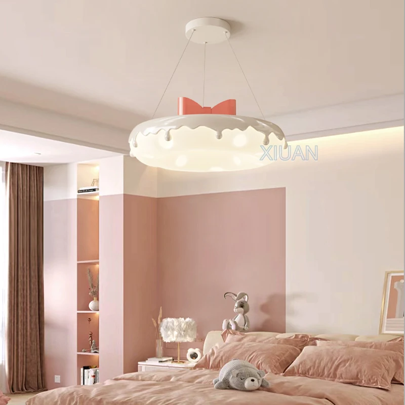 Creative Children Bedroom Chandelier Lamp with Pink Heart Bow Tie Crown Pendant Light for Princess Room Girl Nursery Baby Decor