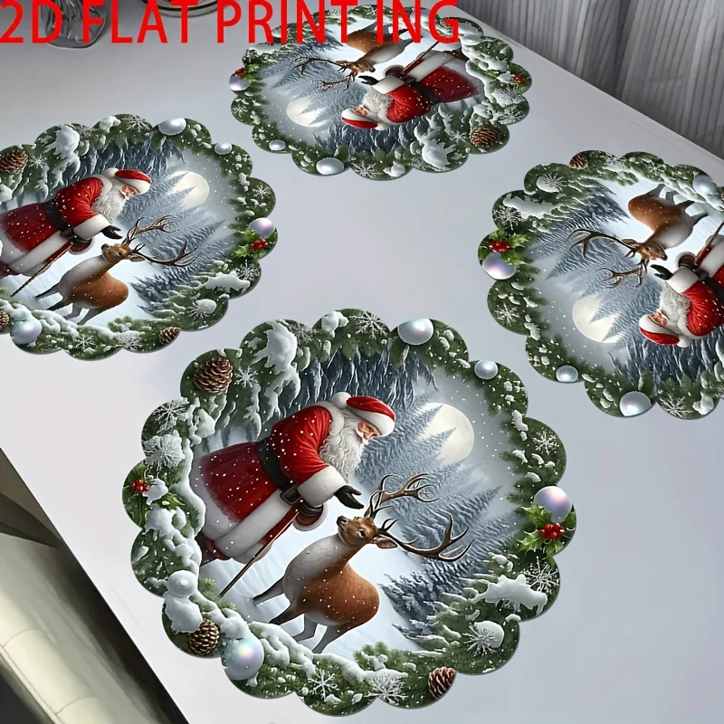 VIKAMA Round Scalloped Christmas Placemats Snowy Santa Reindeer Linen Mats Non-Slip for Winter Holiday Party Table Decor