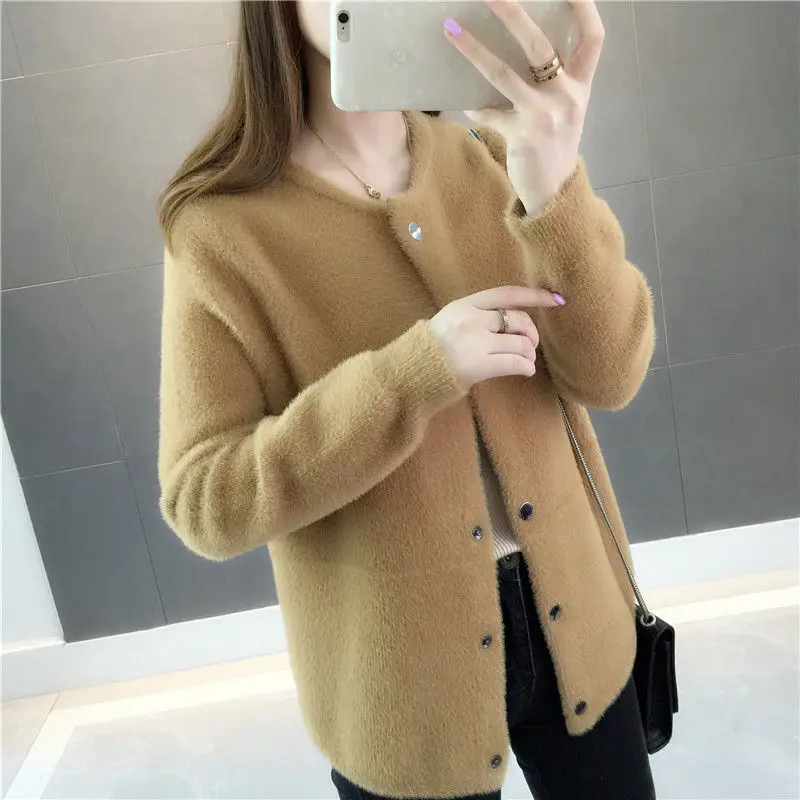 Mink Fur Autumn and Winter Sweater Coat 2022 New Women's Loose Velvet Long-sleeved Cardigan Female Sold Color Jacket Top Woman