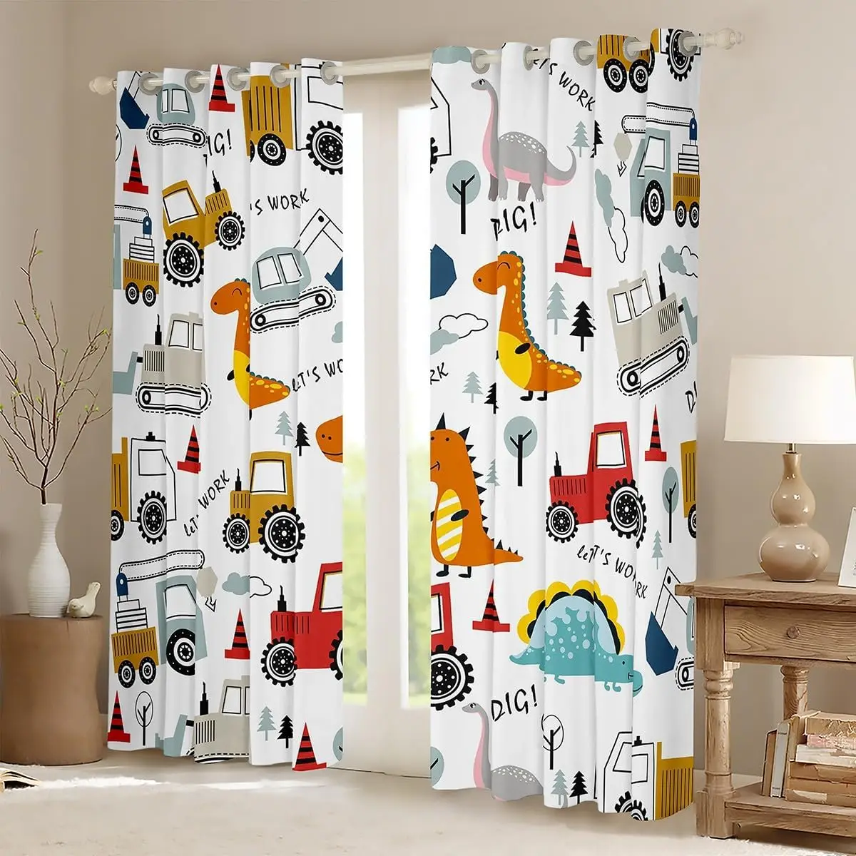 Kids Nursery Curtains Playroom Decor Dinosaur Construction Vehicles Dump Truck Excavator Cartoon Backdrop Curtain Sheet