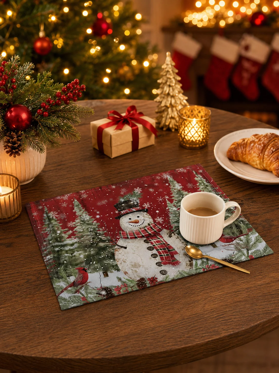 Christmas Placemats Set, Santa Claus Linen Table Mats, Stain Resistant Heat Insulated Holiday Dining Table Decor