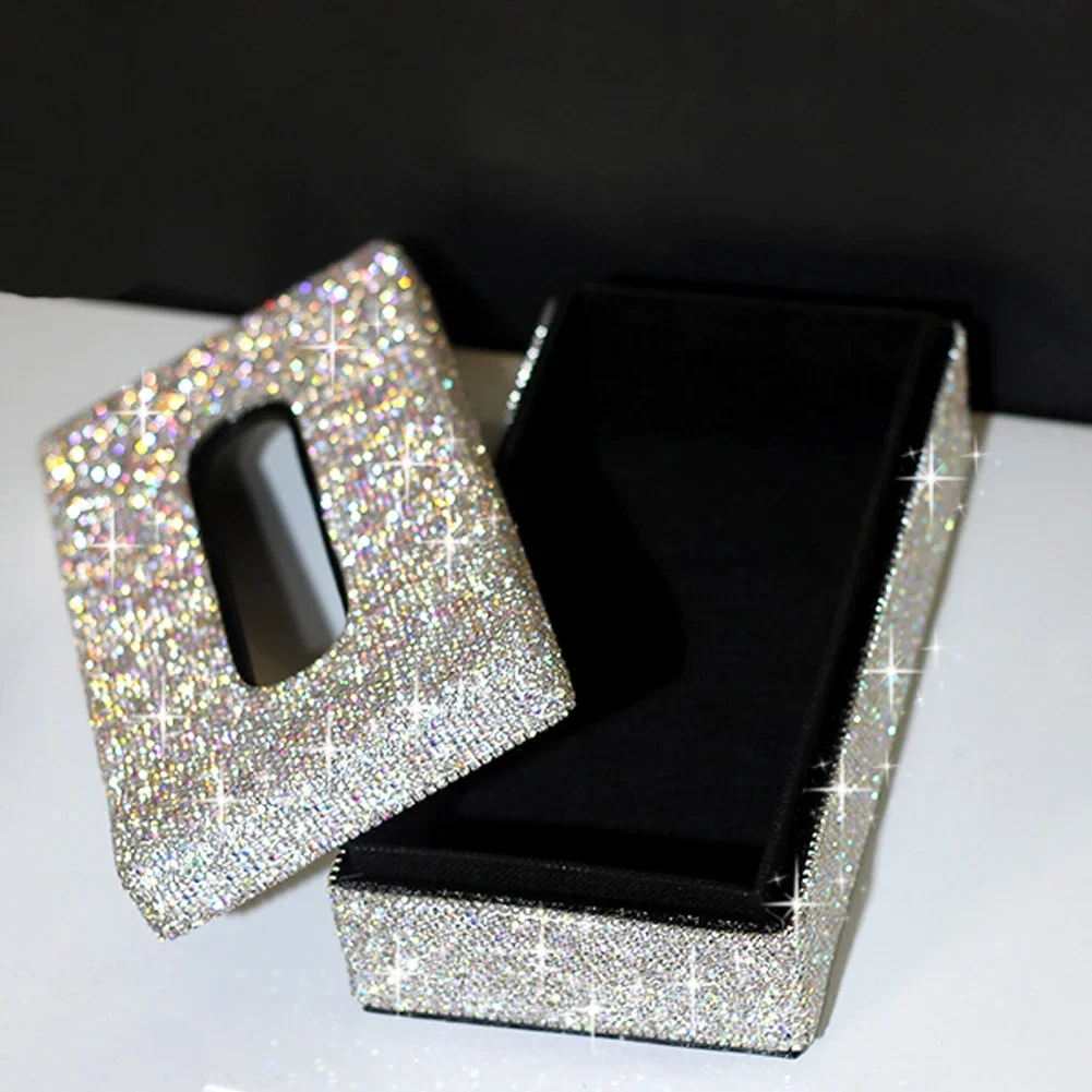 Bling Rhinestone Crystal Rectangular Tissue Box Cover Case Shiny Napkin Holder Block Type for Car Home