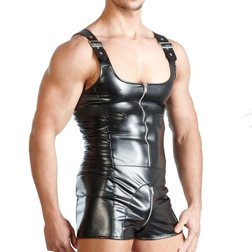 Men Leotard Bodysuit Sexy Sleeveless Faux Patent Leather Wet Look Zip Jumpsuit Clubwear Intimates Night Club Fantasy Erotic Wear