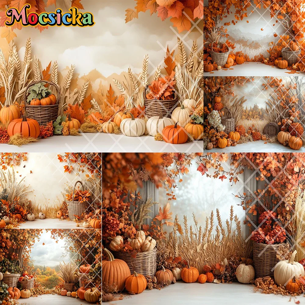 Mocsicka Photography Backdrop Autumn Harvest Floral Pumpkin Decoration Kid Thanksgiving Day Portrait Backgrounds For Photographs