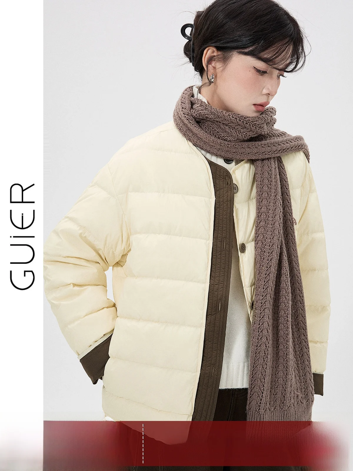 

Women's Loose round Ne down Jaet White Du Feather Filling Padded Coat Warm Outerwear Fake Two-Piece Design Casual Sle