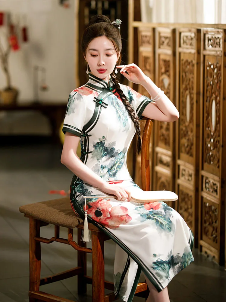 

Yourqipao Summer Long Slim Silk Cheongsam Catwalk Banquet Retro Classic Printing Qipao Chinese Style Evening Dress for Women