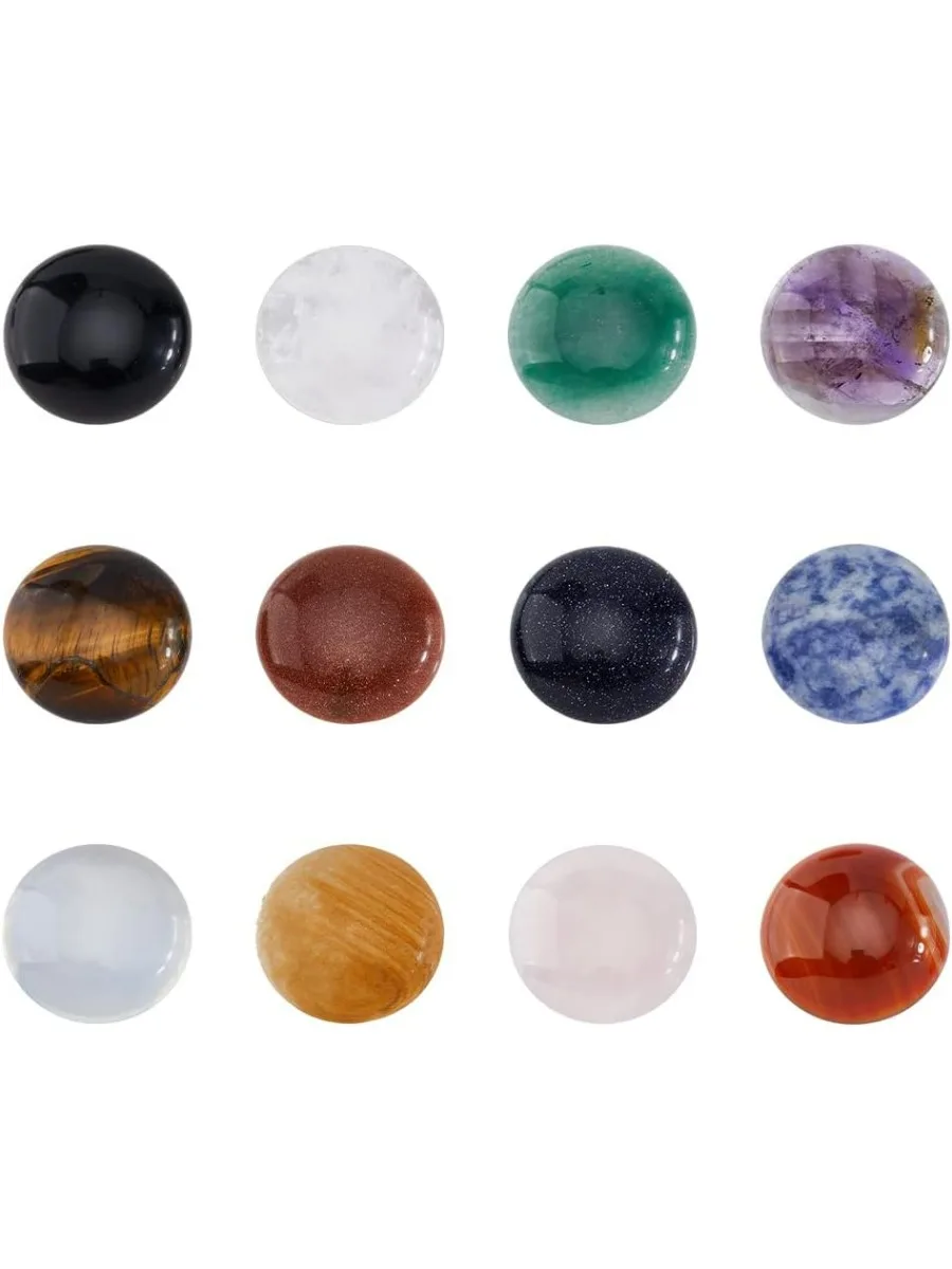 12Pcs 12 Styles Natural Cabochon Gemstone 25mm Half Round Dome Flatback Quartz Stone for Necklace Jewelry Making DIY Craft