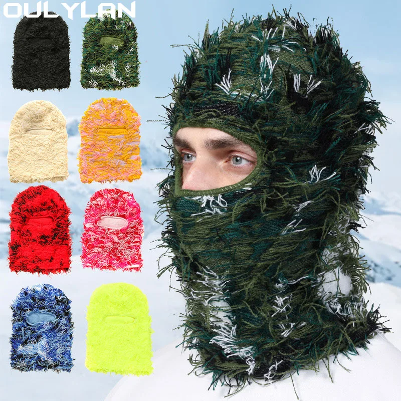 Oulylan Hip Hop Balaclava Distressed Knitted Caps Full Face Ski Mask Women Outdoor Camouflage Fleece Fuzzy Ski  Men Hat