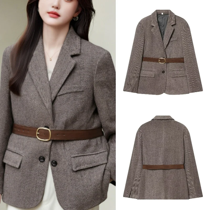 

Осенне-зимний твидовый пиджак для женщин, элегантный стильный модный с поясом, коллекция 2025 г.