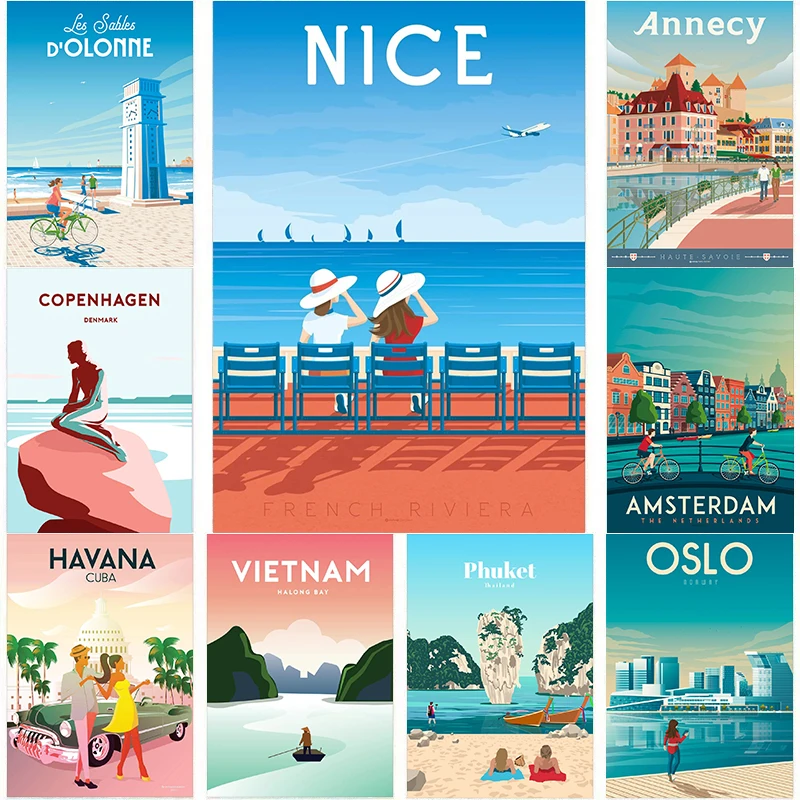 Travel City Poster Finland Vietnam Oslo Nice Canvas Painting Cartoon Nordic Wall Art For Modern Living Room Home Decoration