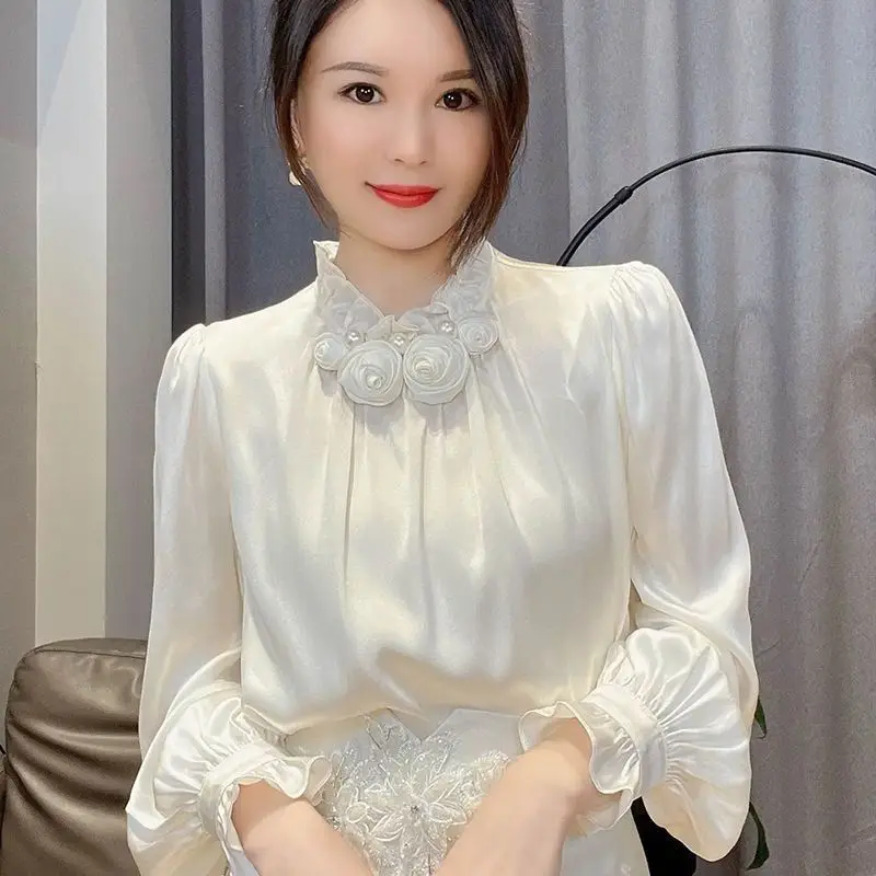 Elegant Ruffles Folds Beading Lantern Sleeve Blouse Female Clothing 2023 Spring Autumn New Casual Tops Office Lady Shirt