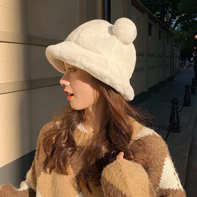 

New Women Winter Fluffy Bear Ear Plush Bucket Hat Fashion Ladies Warm Faux Fur Fisherman Cap Panama Gorra De Pescador