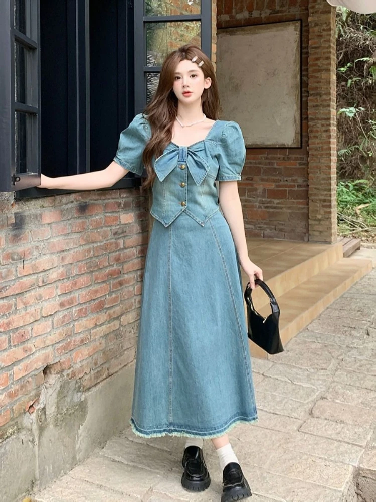

Korean Style French Vintage Denim Set Women Summer Bow Top Waist Cinching Slimming Skirt Premium Outfit