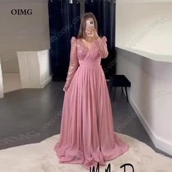 OIMG Sweet Pink Prom Dress Saudi Arabic V Neck Long Shiny Sequins A Line Evening Night Party Dresses Side Slit Formal Gowns 2023