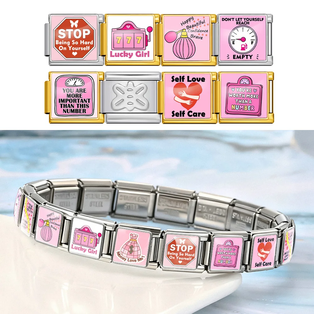 URING Fashion Stop Money Bag Self Love Italian Link Fit 9mm Charm Armband Basteln DIY Edelstahl Original Design Schmuck – Detail 1