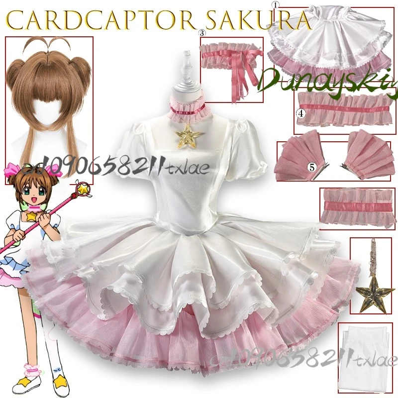 كوس مخزن كاردكابتور ساكورا كينوموتو ساكورا الوردي الأبيض معركة فستان تأثيري حلي أنيمي أزياء الهالوين