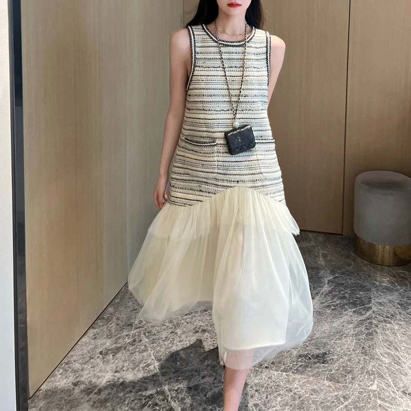 Women Round Collar Gauze Tweed Splicing Dress Small Fragrant Elegant Loose Korea Fashion Sleeveless Vest Summer Dress Vestidos