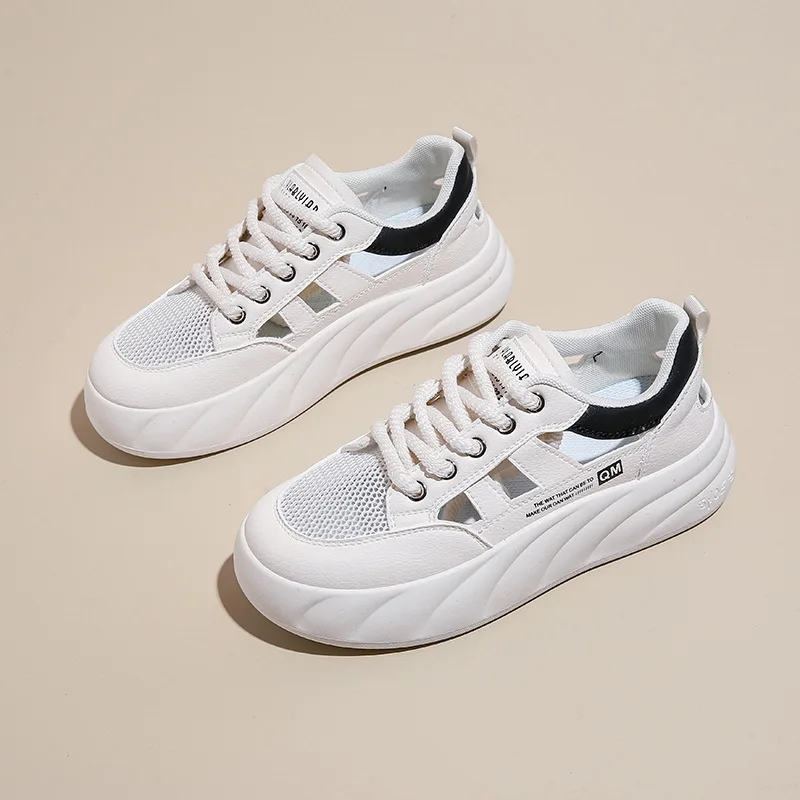 2024 Summer New Hollow White Shoes Women's Mesh Breathable Student Sneakers Outdoor Thick Sole Casual Shoes Zapatos De Mujer