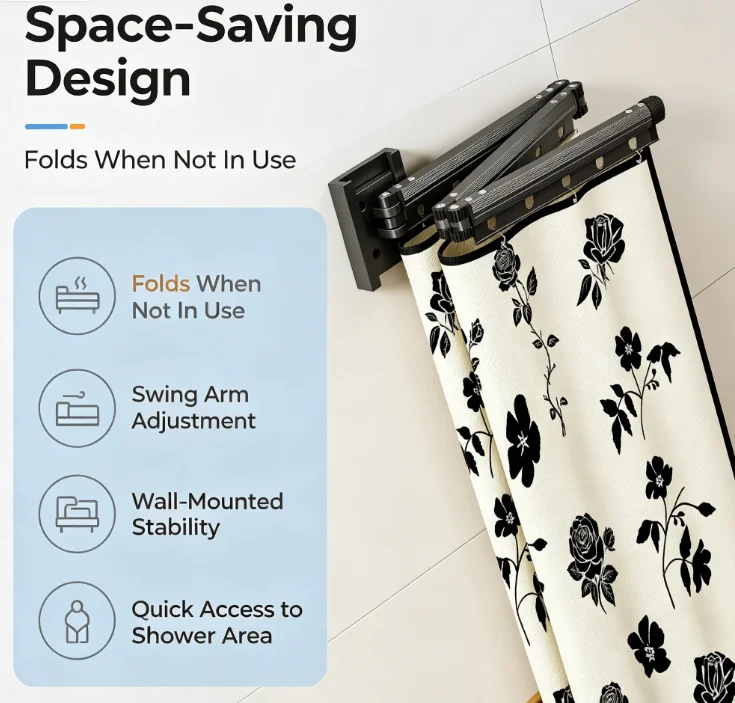 Foldable Shower Curtain Rod, Wall-Mounted L-Shaped Corner Shower Curtain Holder, Adjustable Rustproof Bathroom Divider Rod for B