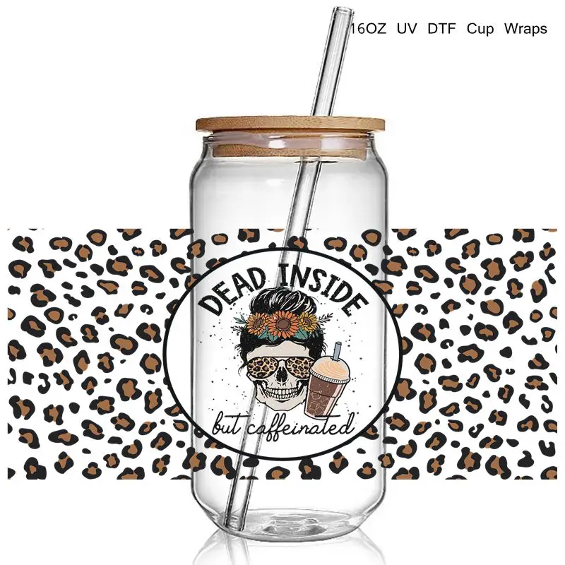 Leopard ABC Letter  Coffeee  Skull hand   DTF UV  Cup Wrap Print Stcikers for 16OZ Glass Libbey Cans Bottles