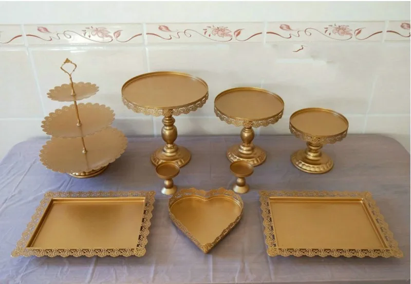 Gold Silver Plated Metal Cake Plate Stand Set Hollow Flower Dessert Baking Tray Wedding Centerpiece Table Ornaments Decorations