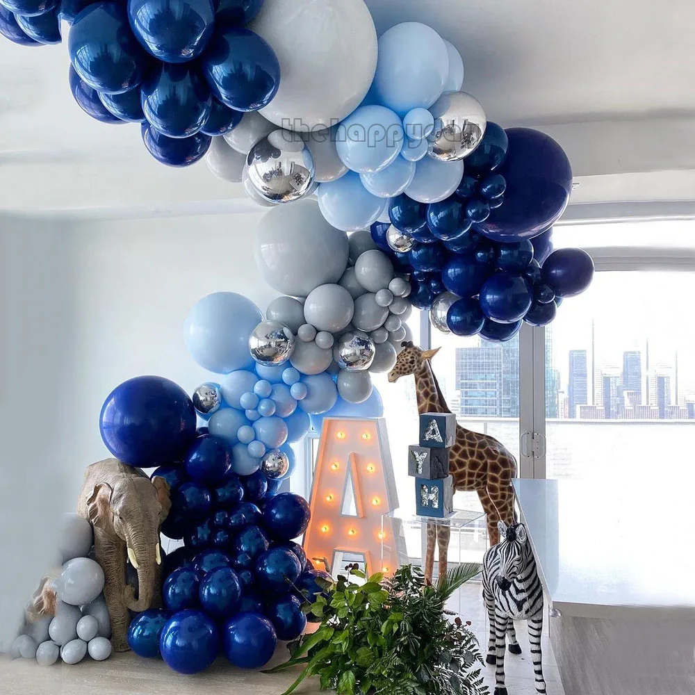 Jungle Birthday Balloons Navy Blue Balloon Arch Macaron Blue Metallic Silver Grey Balloons Wedding Baby Shower Party Decorations