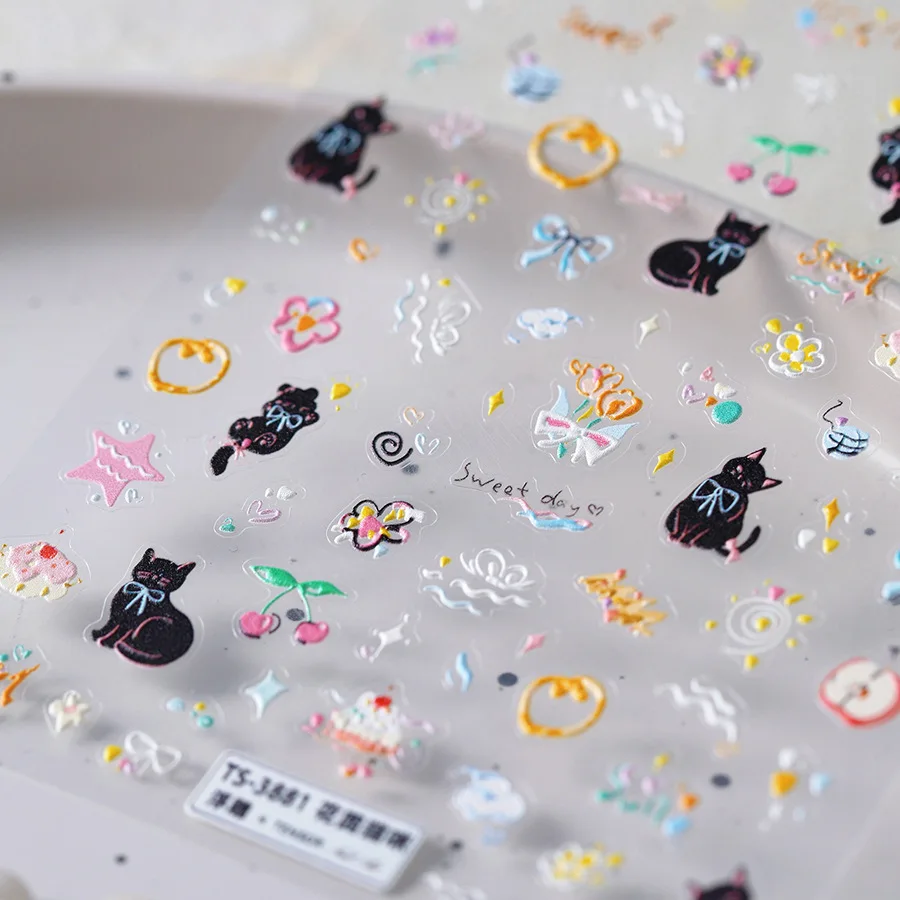 漫画猫のウサギバニー足跡韓国シリーズゼリー黒白レリーフ自己粘着 5D ネイルアートステッカーマニキュアデカール DIY