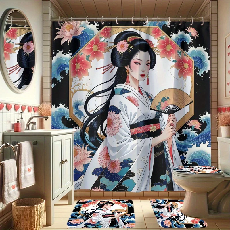 

Элегантный набор для ванной комнаты Geisha: водонепроницаемая занавеска для душа, мягкий контурный коврик, стильная крышка унитаза, нескользящий коврик для ванны