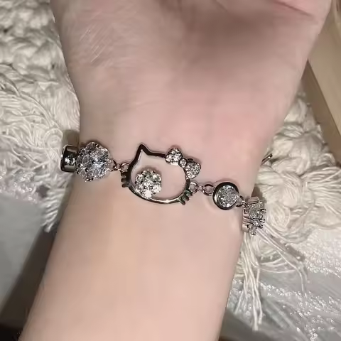 Conjunto de Collar y Pulsera con Diamantes de Hello Kitty de Sanrio - Joyería con Colgante de Corazón Brillante, Regalo Kawaii para Mujeres y Niñas, Cumpleaños