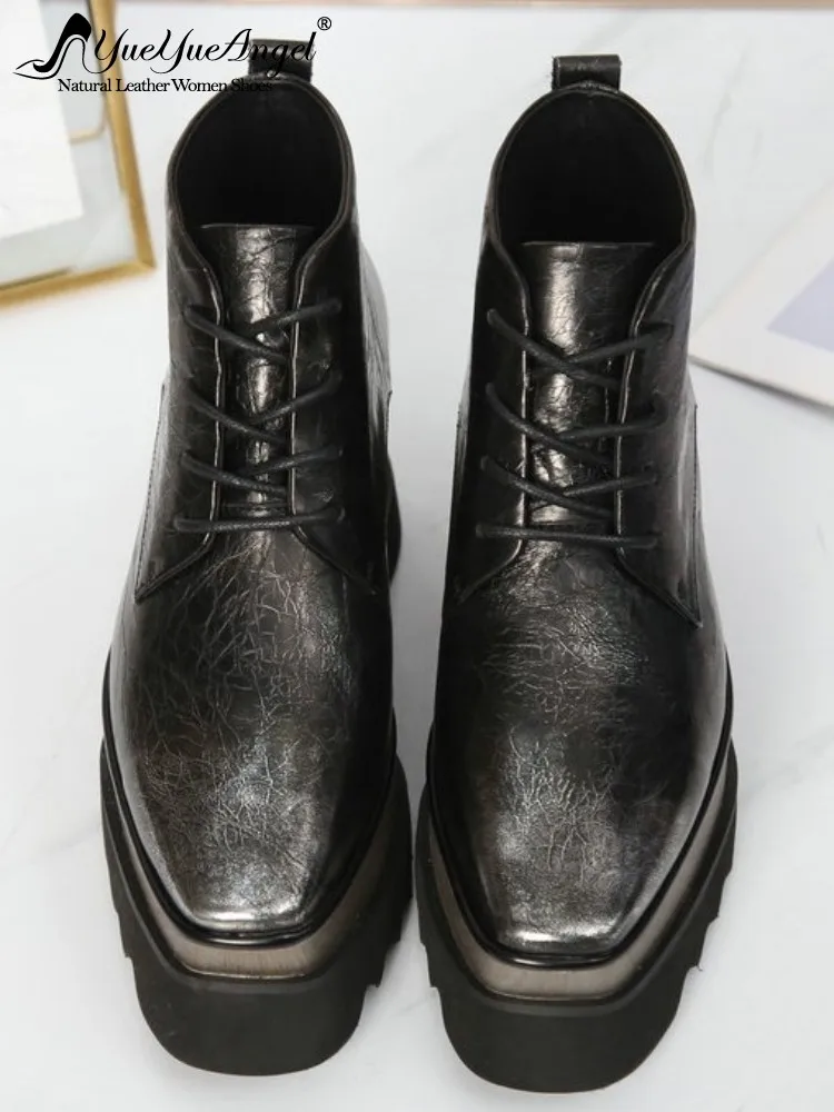 

Fashion Female Genuine Leather Platform Height-Increasing Pumps Solid Color Cowhide Square Toe High Quality Cross-Tied Footwear